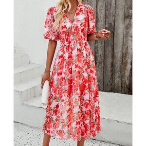 Red Floral Puff Sleeve Dress V-Neck High Waist Romantic Summer Rio Style S-XL